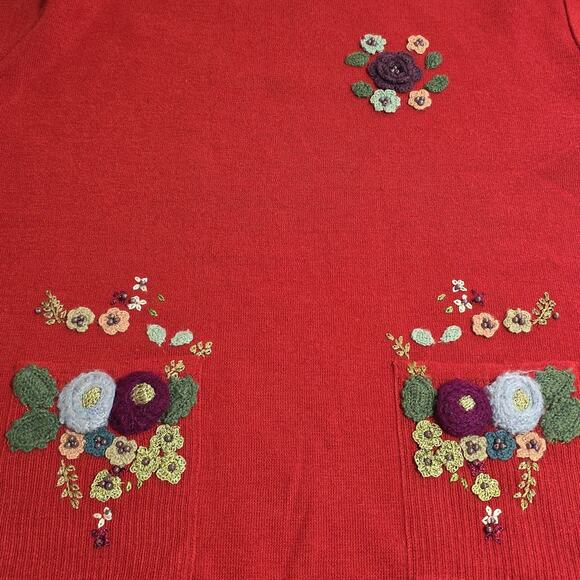 VTG Women Sz M Red Sweater 80s 90s Floral Beads Embroidered Wool Blend Crew Neck - Picture 4 of 11